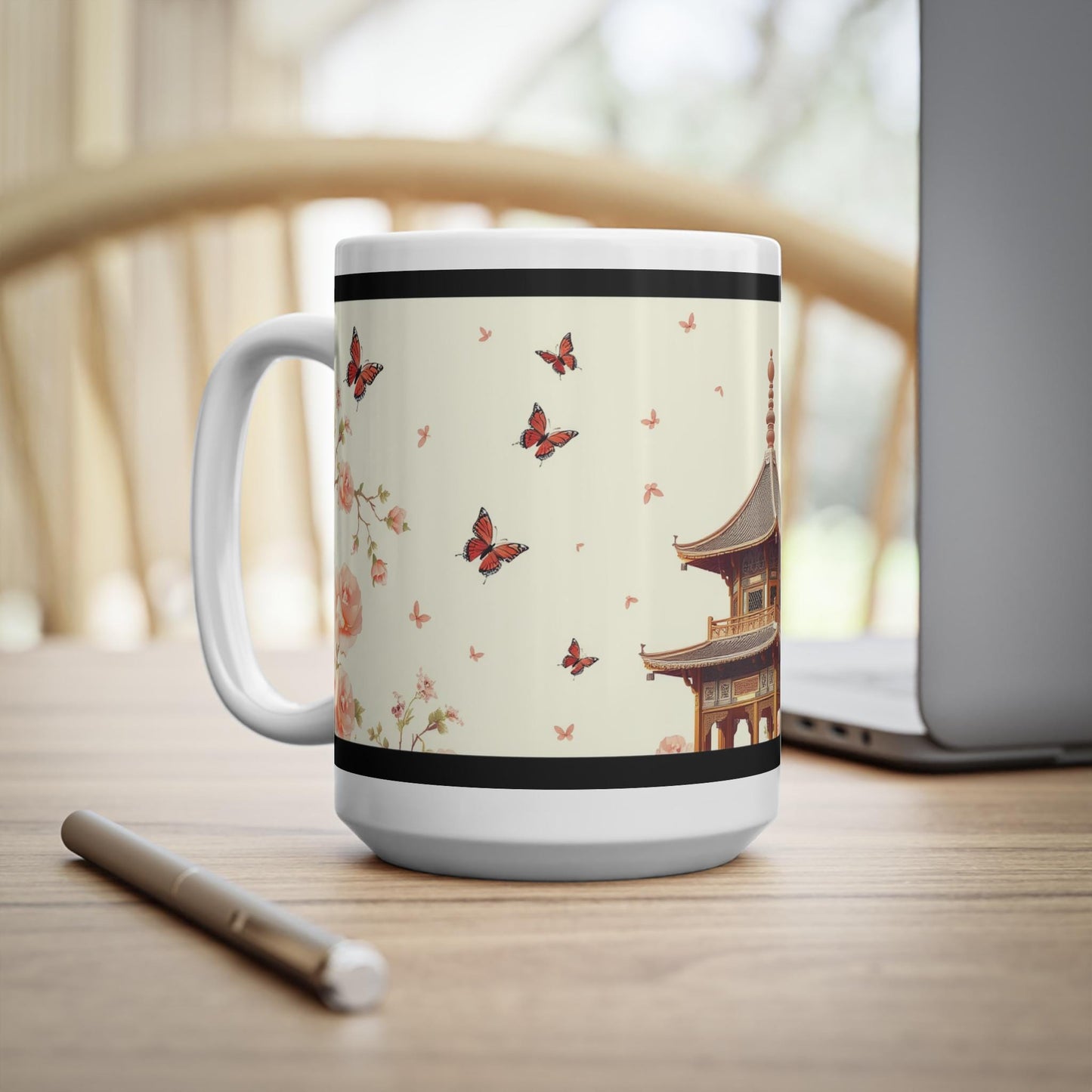 Chinoiserie Mug - Butterfly & Floral Pagoda Design - Classic Asian-Inspired Coffee Cup - Elegant Artwork for Home and Wall Art