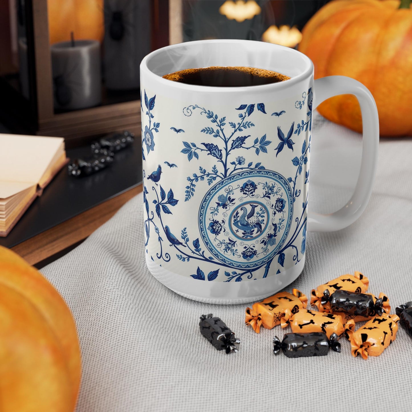 Chinoiserie Mug - Blue & White Floral Porcelain Style - Elegant Coffee Cup  Inspired by Traditional Wall Art and Home Decor