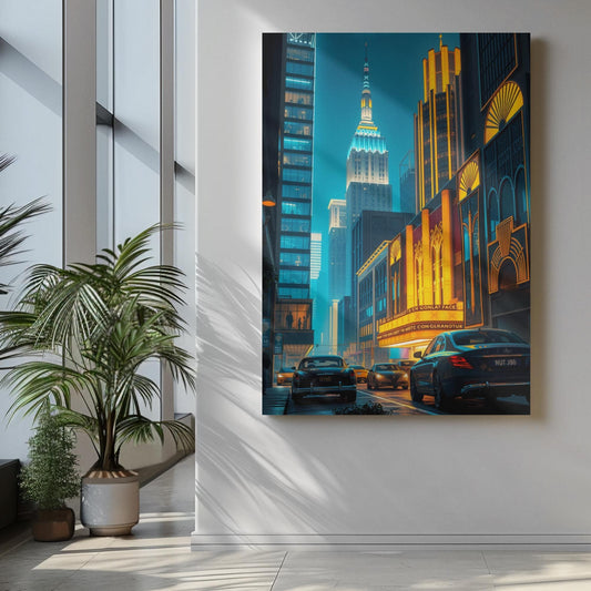Art Deco Cityscape Wall Art - 1920s Glamour Night Scene, Golden Skyline, Luxury Home Decor Print