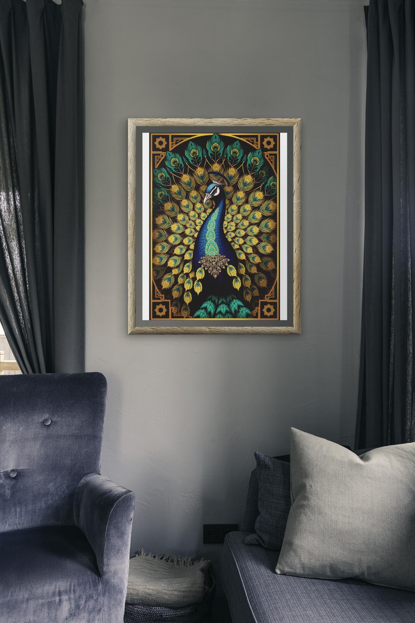 Elegant Peacock Art Deco Wall Art - Vintage 1920s Style, Geometric Gold Feathers, Luxury Poster Print