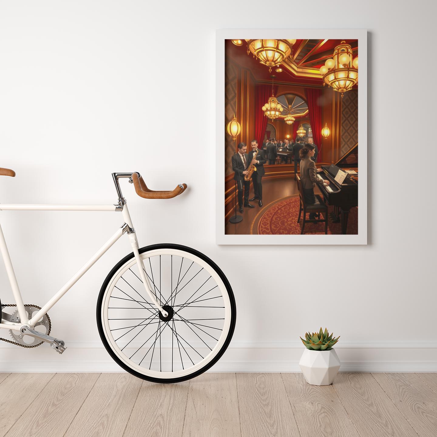 1920s Jazz Club Art Deco Wall Art - Retro Music Scene, Saxophone & Piano, Warm Ambiance Home Decor