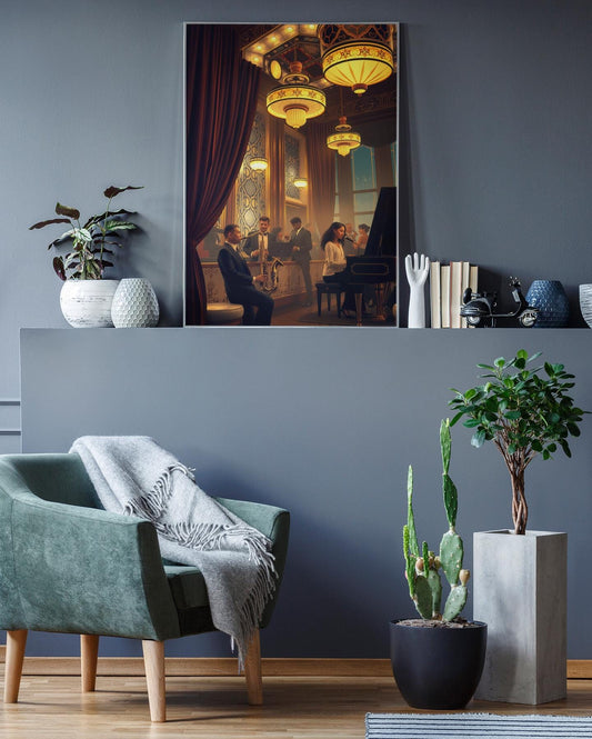 1920s Jazz Club Art Deco Wall Art - Retro Music Scene, Saxophone & Piano, Warm Ambiance Home Decor