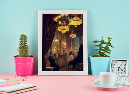 1920s Jazz Club Art Deco Wall Art - Retro Music Scene, Saxophone & Piano, Warm Ambiance Home Decor