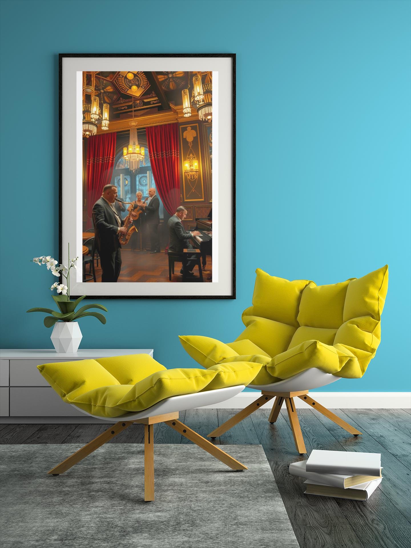 1920s Jazz Club Art Deco Wall Art - Retro Music Scene, Saxophone & Piano, Warm Ambiance Home Decor