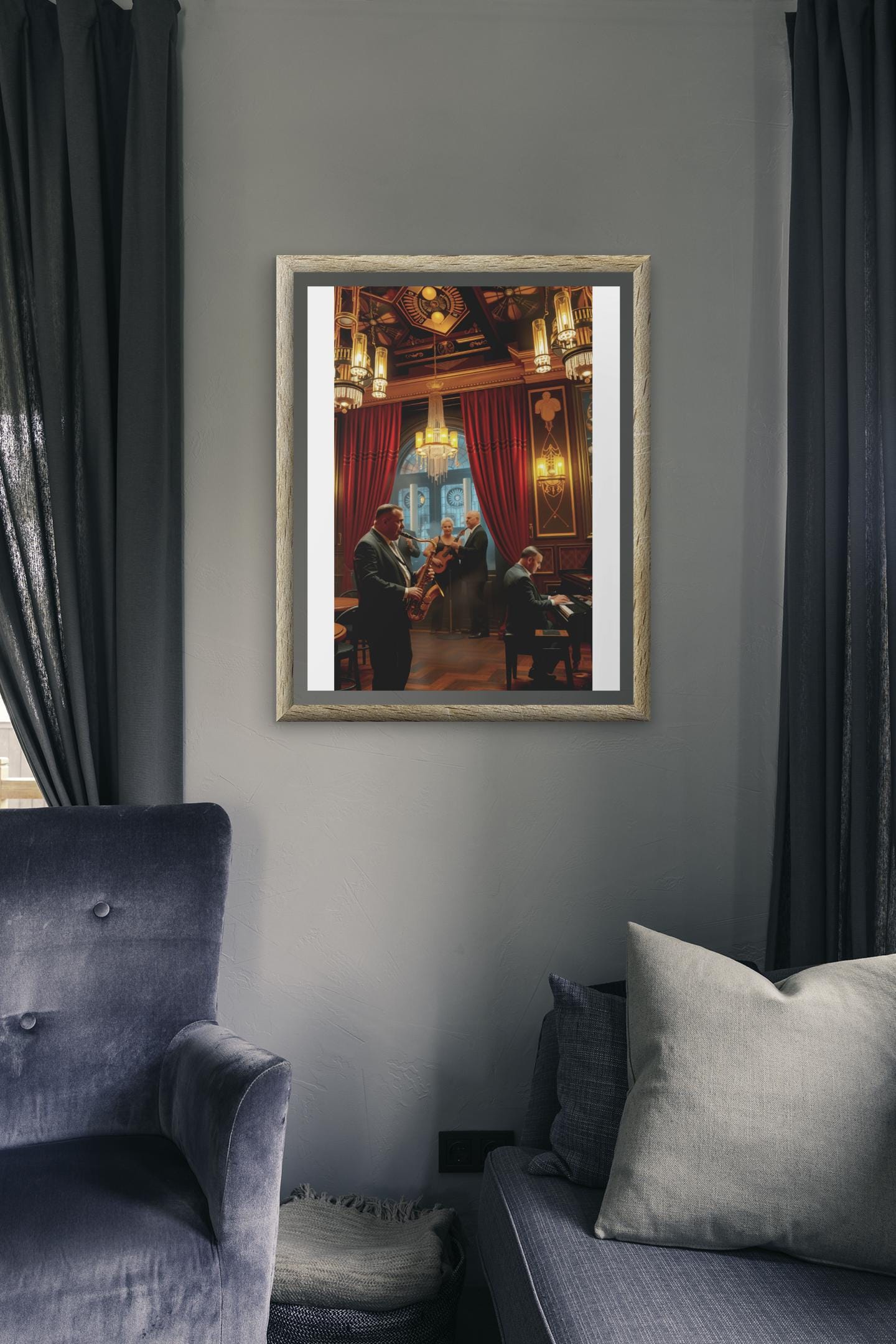 1920s Jazz Club Art Deco Wall Art - Retro Music Scene, Saxophone & Piano, Warm Ambiance Home Decor