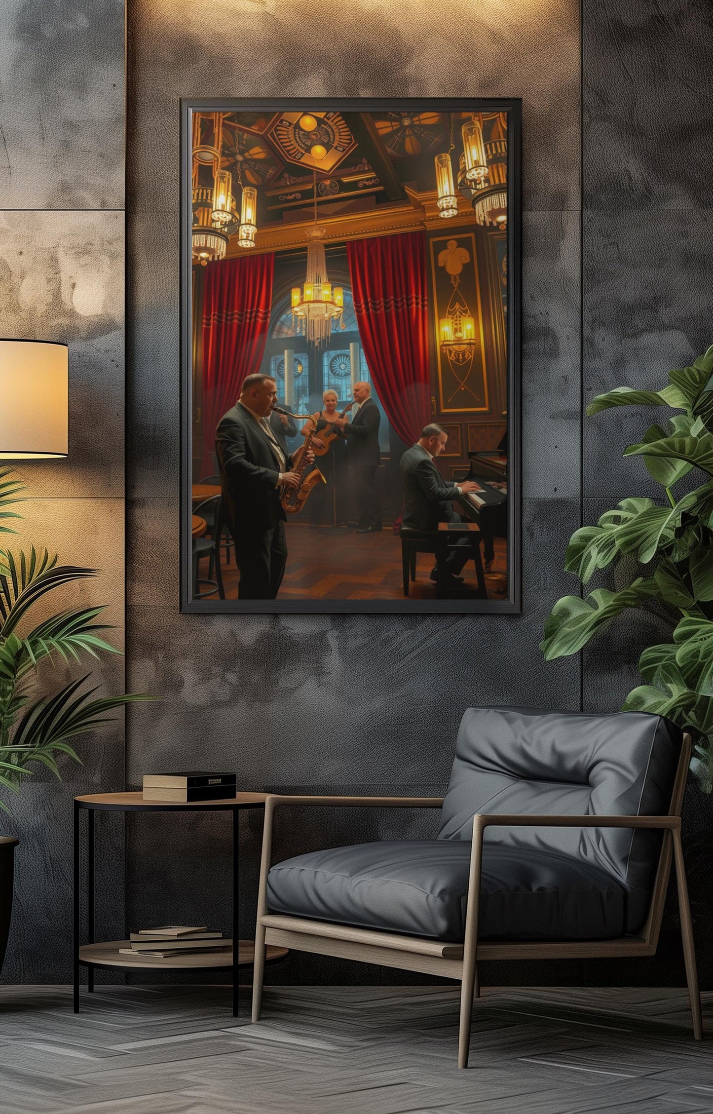 1920s Jazz Club Art Deco Wall Art - Retro Music Scene, Saxophone & Piano, Warm Ambiance Home Decor