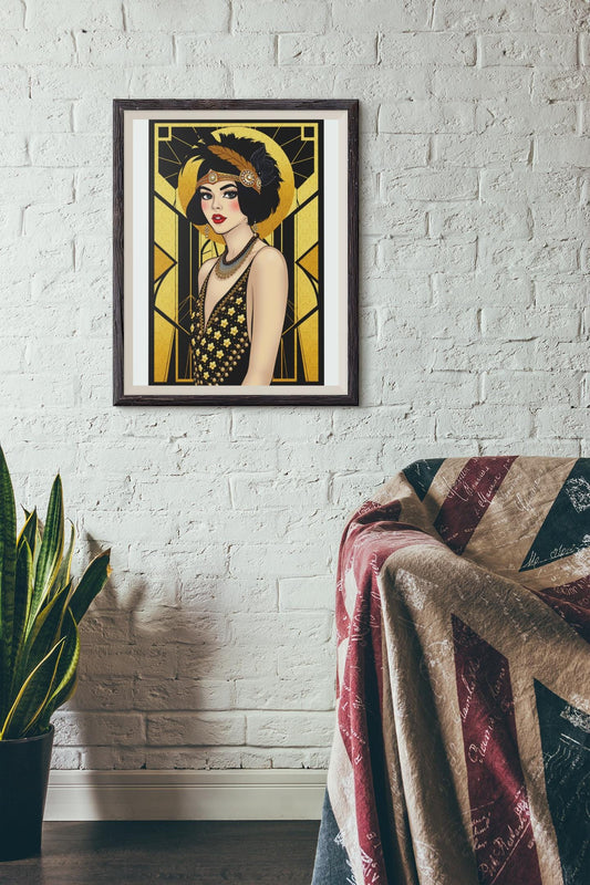 Flapper Woman Art Deco Wall Art - Vintage 1920s Fashion, Elegant Gold & Black, Glamorous Home Poster