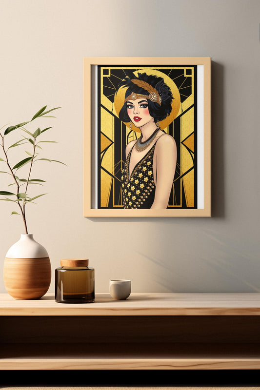 Flapper Woman Art Deco Wall Art - Vintage 1920s Fashion, Elegant Gold & Black, Glamorous Home Poster