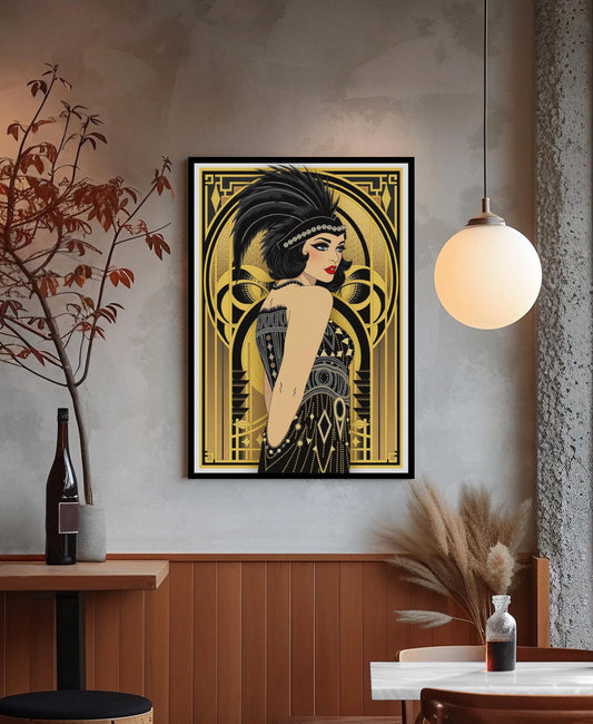 Flapper Woman Art Deco Wall Art - Vintage 1920s Fashion, Elegant Gold & Black, Glamorous Home Poster
